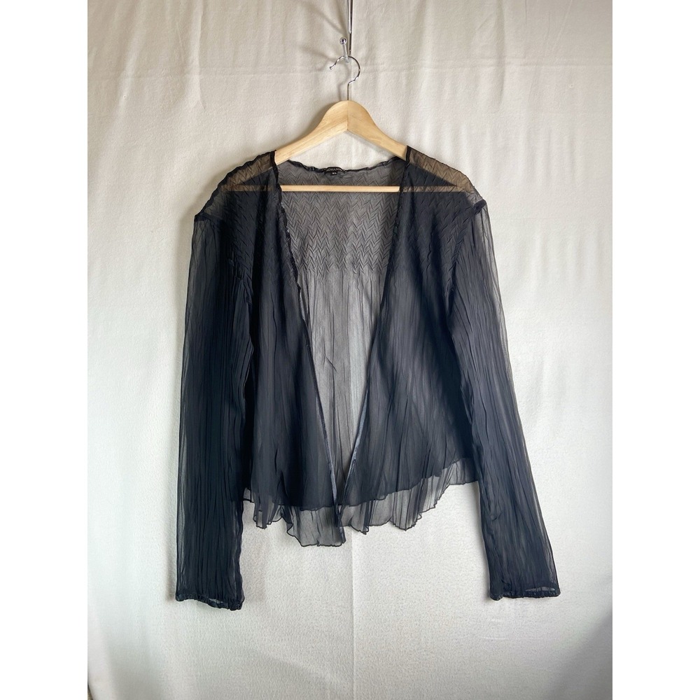 Komarov Sheer Cardigan Topper Womens XL  Black Open Front Mesh Crinkle